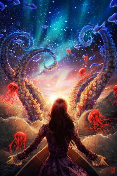 Anime-Bild 666x1000 mit valentina remenar long hair tall image brown hair sky sunlight evening sunset spread arms fantasy girl sea star (stars) cloak fish (fishes) tentacles wave (waves) jellyfish octopus