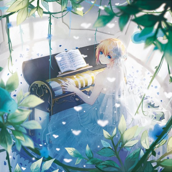 Anime picture 950x950 with original hahahamu single looking at viewer fringe short hair blue eyes blonde hair smile sitting bare shoulders fingernails from above girl dress hair ornament flower (flowers) plant (plants) petals window