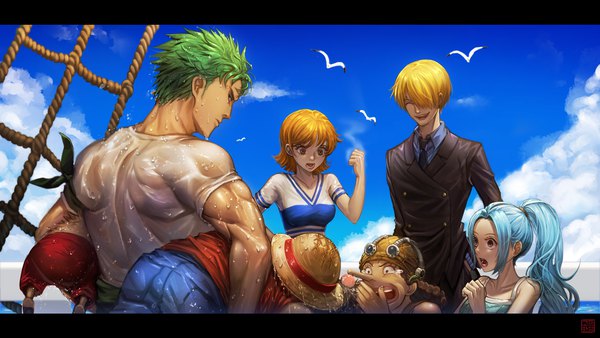 Anime picture 1920x1080 with one piece toei animation nami (one piece) monkey d. luffy roronoa zoro sanji tony tony chopper usopp nefertari vivi star goha long hair looking at viewer fringe highres short hair breasts open mouth blonde hair smile wide image