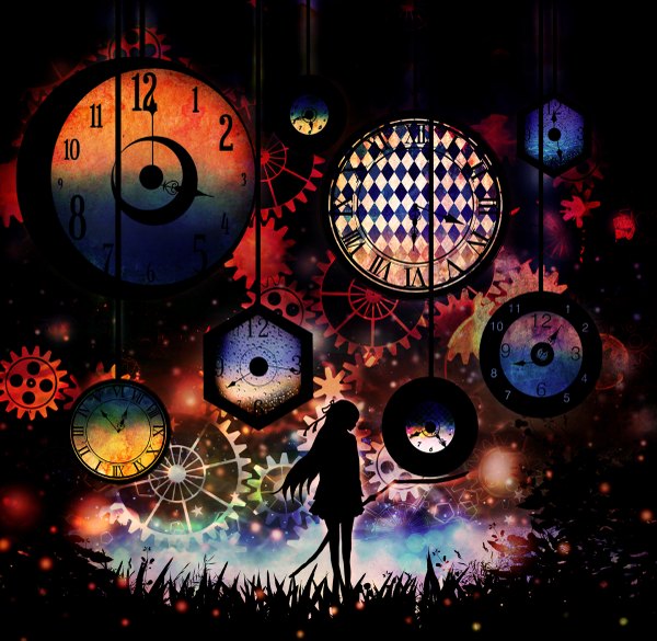 Anime picture 1200x1171 with mahou shoujo madoka magica shaft (studio) akemi homura harada miyuki single long hair silhouette magical girl abstract girl skirt flower (flowers) ribbon (ribbons) plant (plants) hair ribbon miniskirt insect star (stars) grass clock