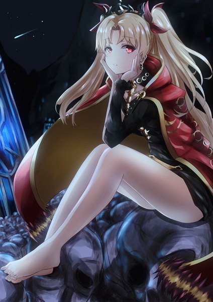 Anime picture 2894x4093 with fate (series) fate/grand order ereshkigal (fate) ka1se1 single long hair tall image looking at viewer fringe highres light erotic blonde hair red eyes sitting full body bent knee (knees) parted lips barefoot night bare legs