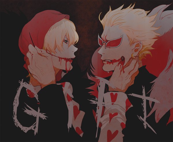 Anime picture 1200x988 with one piece toei animation donquixote doflamingo donquixote rocinante xianrou men short hair blue eyes blonde hair simple background profile multiple boys fur trim black background face to face siblings blood on face hand on another's face brothers heart print boy