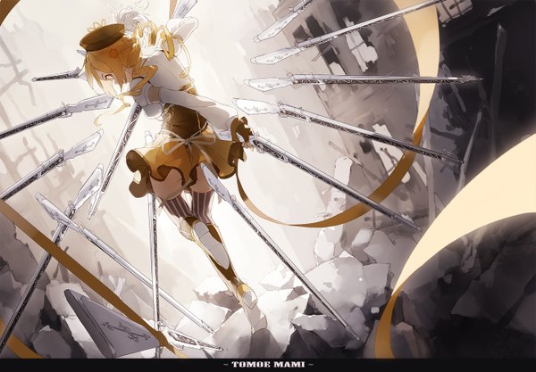 Anime picture 1437x1000 with mahou shoujo madoka magica shaft (studio) tomoe mami nine (liuyuhao1992) single long hair short hair light erotic blonde hair twintails yellow eyes looking back character names drill hair convenient censoring revision magical girl ruins girl thighhighs