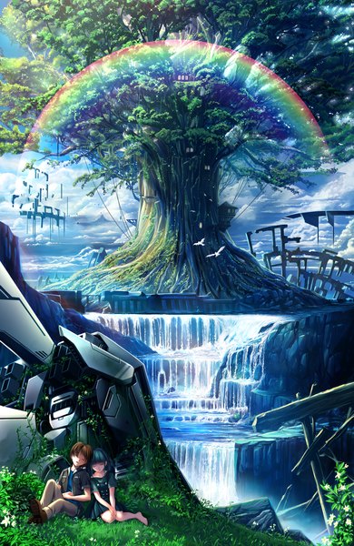 Anime picture 1600x2462 with original soraizumi tall image short hair open mouth brown hair blue hair cloud (clouds) eyes closed waterfall girl dress boy plant (plants) animal tree (trees) water bird (birds) grass rainbow