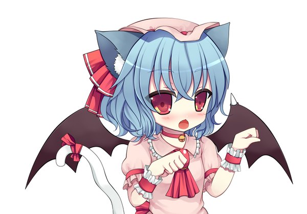 Anime picture 3459x2427 with touhou remilia scarlet swami single blush highres short hair open mouth simple background red eyes white background animal ears blue hair absurdres cat ears cat girl cat tail girl dress wings