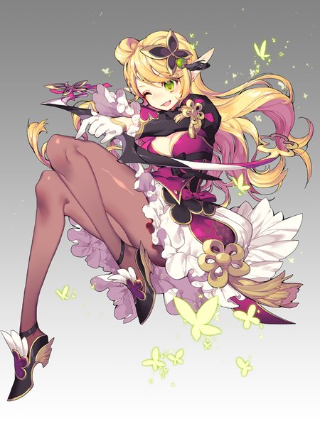 Anime picture 700x933 with elsword rena erindel pika (kai9464) single long hair tall image blush fringe breasts open mouth blonde hair holding green eyes looking away cleavage bent knee (knees) one eye closed pointy ears wink hair bun (hair buns)