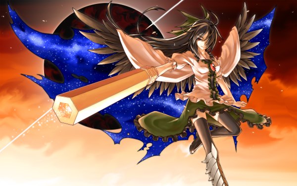 Anime picture 2400x1500 with touhou reiuji utsuho kazuki seihou single long hair fringe highres black hair smile wide image ahoge hair over one eye black wings starry sky print arm cannon space print girl thighhighs skirt bow