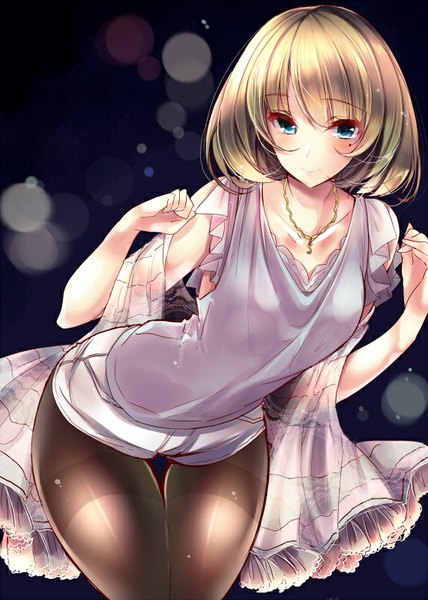 Anime picture 571x800 with idolmaster idolmaster cinderella girls takagaki kaede amane ruri single tall image blush fringe short hair blue eyes smile brown hair standing mole leaning leaning forward mole under eye girl pantyhose shorts