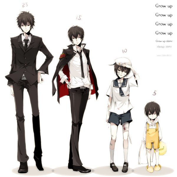 Anime picture 2000x2000 with katekyou hitman reborn hibari kyouya wavesheep highres short hair black hair smile full body one eye closed wink open clothes grey eyes torn clothes open collar bondage clothes on shoulders multiple persona age progression chart boy