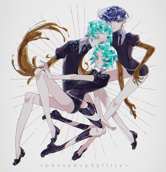 Anime picture 1224x1268 with houseki no kuni phosphophyllite phosphophyllite (ll) kajino tall image looking at viewer short hair blue eyes blue hair aqua eyes aqua hair puffy sleeves character names androgynous multiple persona spoilers time paradox uniform gold