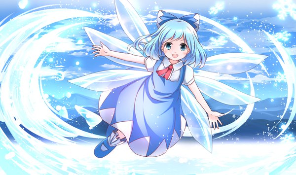 Anime picture 2115x1254 with touhou cirno risutaru single looking at viewer blush fringe highres short hair open mouth blue eyes wide image blue hair sky full body outdoors short sleeves happy spread arms snow