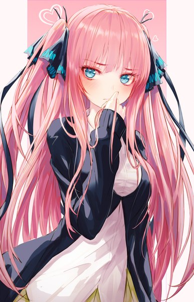 Anime picture 2640x4096 with go-toubun no hanayome nakano nino okazu (eightstudio) single long hair tall image looking at viewer blush fringe highres breasts blue eyes simple background payot pink hair blunt bangs open jacket two side up sleeves past wrists pink background