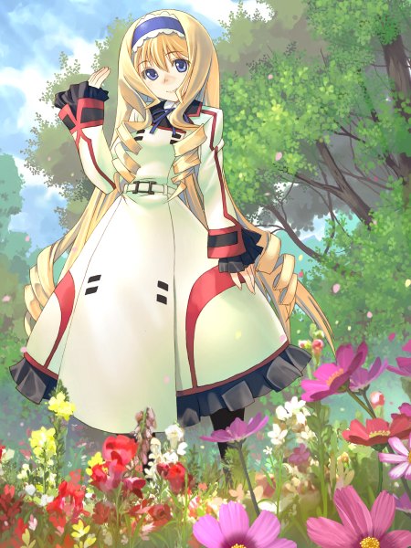 Anime picture 900x1200 with infinite stratos 8bit cecilia orcott hirokiku single long hair tall image looking at viewer blue eyes blonde hair smile sky drill hair girl flower (flowers) plant (plants) tree (trees) hairband cosmos (flower)