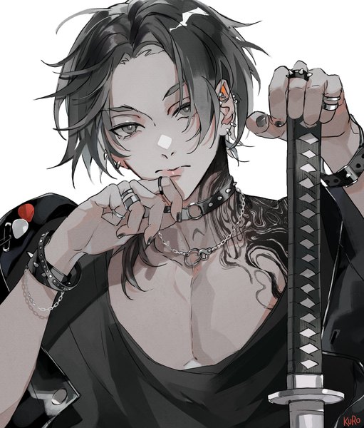 Anime picture 2300x2700 with original kamui (kurohshiro1) single long hair tall image looking at viewer highres black hair simple background white background signed upper body nail polish black eyes tattoo piercing ear piercing black nail polish boy weapon