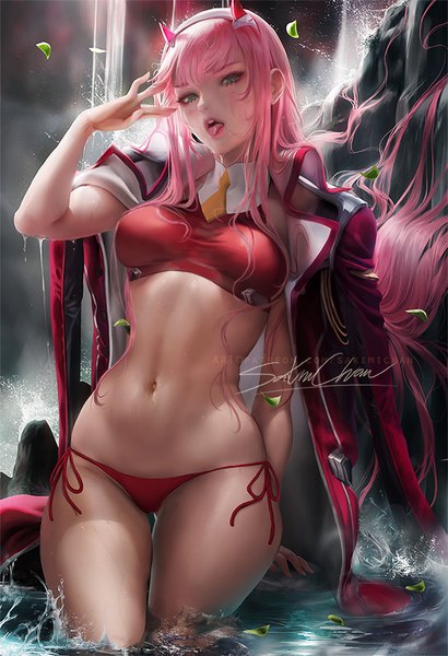 Anime-Bild 616x900 mit darling in the franxx studio trigger zero two (darling in the franxx) sakimichan single long hair tall image looking at viewer blush fringe breasts open mouth light erotic green eyes signed payot pink hair outdoors horn (horns) wind