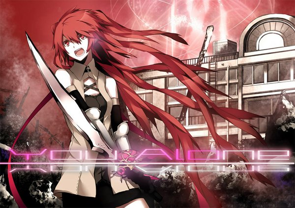 Anime picture 1024x724 with vocaloid hatsune miku arisaka ako long hair open mouth red eyes twintails bare shoulders red hair very long hair rock alternate color girl gloves weapon miniskirt sword armor building (buildings) collar