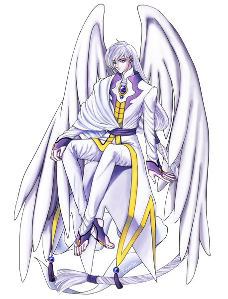 Anime picture 1000x1310 with eyvege (artist) single long hair tall image looking at viewer fringe sitting silver hair very long hair no shoes crossed legs transparent background angel wings silver eyes angel boy earrings wings