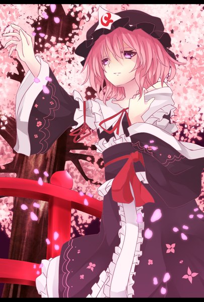Anime picture 1181x1748 with touhou saigyouji yuyuko abara (artist) single tall image short hair purple eyes pink hair cherry blossoms girl dress petals bonnet