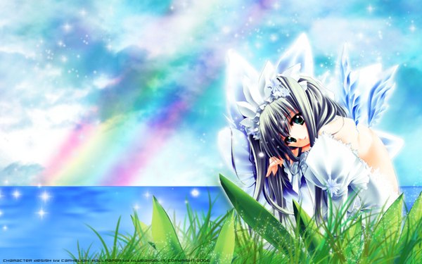 Anime picture 1440x900 with original carnelian blueangel17 single looking at viewer black hair wide image green eyes cloud (clouds) inscription third-party edit angel girl wings rainbow