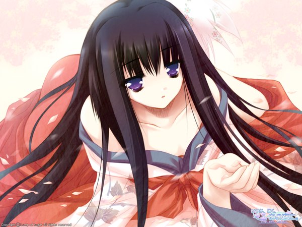 Anime picture 1280x960 with itsuka todoku ano sora ni ousuki konome moekibara fumitake single long hair light erotic black hair purple eyes bare shoulders lying japanese clothes wallpaper girl petals kimono