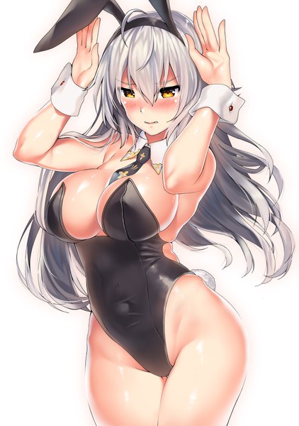 Anime picture 1020x1450 with fate (series) fate/grand order jeanne d'arc (fate) (all) jeanne d'arc alter (fate) kawai (purplrpouni) single long hair tall image looking at viewer blush fringe breasts light erotic simple background hair between eyes large breasts standing white background animal ears yellow eyes