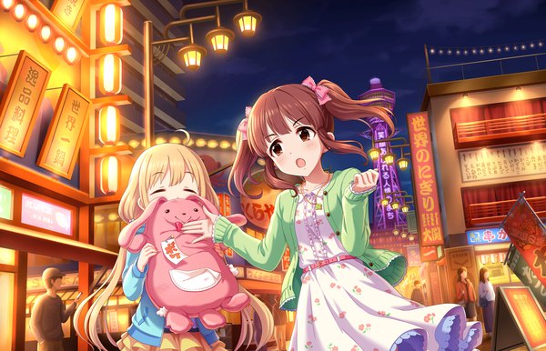 Anime picture 1280x824 with idolmaster idolmaster cinderella girls futaba anzu ogata chieri long hair blush open mouth blonde hair brown hair twintails multiple girls brown eyes ahoge eyes closed night loli real world location girl dress bow