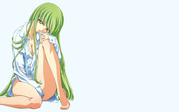 Anime picture 1920x1200 with code geass sunrise (studio) c.c. long hair looking at viewer highres light erotic wide image white background sitting yellow eyes barefoot green hair legs shirt
