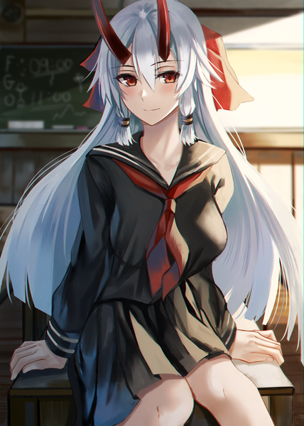 Anime picture 1000x1402 with fate (series) fate/grand order tomoe gozen (fate) nicky w single long hair tall image looking at viewer blush fringe breasts smile hair between eyes red eyes sitting silver hair indoors long sleeves pleated skirt horn (horns)