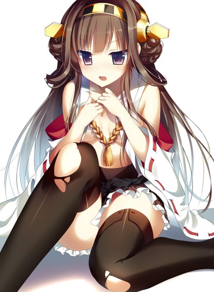 Anime picture 1002x1366 with kantai collection kongou battleship yoruneko single long hair tall image blush open mouth light erotic simple background brown hair white background sitting purple eyes bare shoulders shadow looking down nontraditional miko girl thighhighs