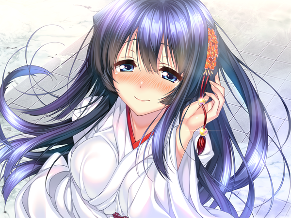 Anime picture 1024x768 with amakano takayashiro sayuki piromizu single long hair looking at viewer blush fringe blue eyes black hair smile game cg outdoors traditional clothes japanese clothes hair flower light smile wide sleeves miko girl