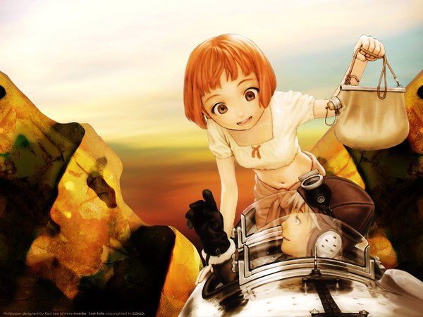 Anime picture 1280x960 with last exile gonzo lavie head claus valca range murata short hair open mouth signed orange hair copyright name eye contact third-party edit bent over goggles on head girl boy gloves navel goggles blouse
