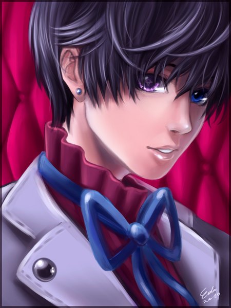 Anime picture 1200x1600 with kuroshitsuji a-1 pictures ciel phantomhive single tall image looking at viewer short hair blue eyes smile purple hair heterochromia boy earrings