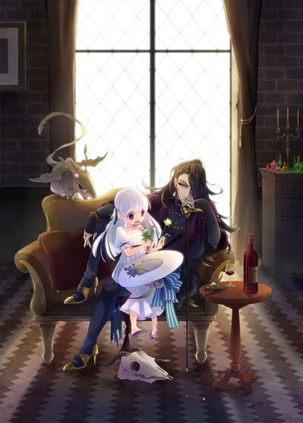 Anime picture 643x898 with original crise long hair tall image fringe open mouth red eyes brown hair sitting purple eyes white hair indoors hair over one eye grey eyes reclining sitting on person brick wall girl dress boy