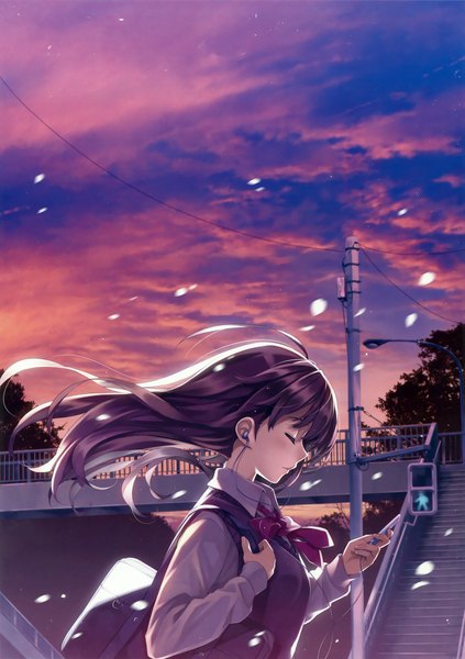 Anime picture 2597x3683 with misaki kurehito single long hair tall image highres black hair sky cloud (clouds) eyes closed wind scan girl uniform school uniform petals headphones