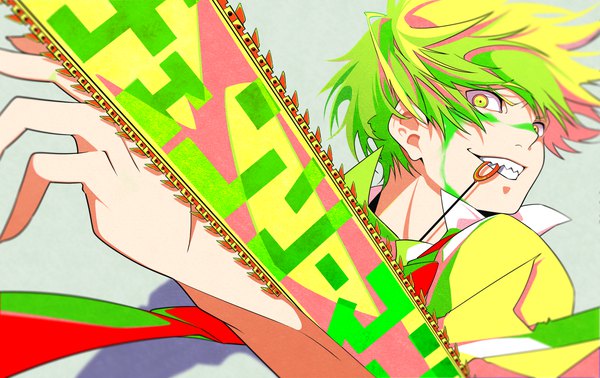 Anime picture 3400x2144 with chainsaw man mappa denji (chainsaw man) sibato5 single looking at viewer highres short hair simple background smile yellow eyes absurdres upper body green hair copyright name grin boy necktie chainsaw