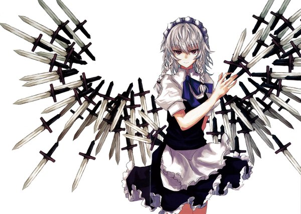 Anime picture 2500x1776 with touhou izayoi sakuya single highres short hair red eyes white background white hair braid (braids) maid twin braids girl weapon headdress maid headdress dagger