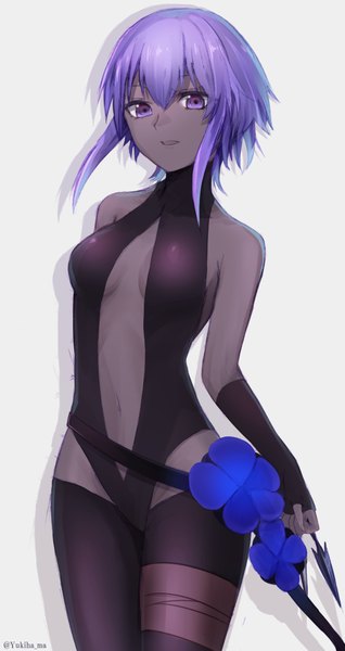 Anime picture 1043x1968 with fate (series) fate/grand order fate/prototype hassan of serenity (fate) yukihama single tall image looking at viewer fringe short hair open mouth light erotic simple background hair between eyes standing purple eyes bare shoulders holding signed payot