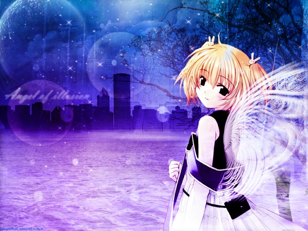 Anime picture 1024x768 with angelic serenade angel rabbie naruse chisato mya102 single looking at viewer short hair blonde hair looking back night night sky city cityscape third-party edit bare tree girl plant (plants) wings tree (trees)