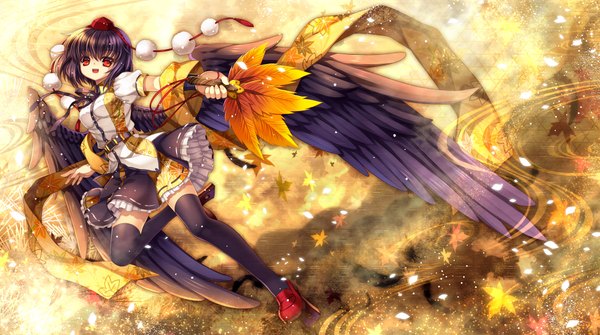 Anime picture 2147x1200 with touhou shameimaru aya capura lin single highres short hair open mouth black hair red eyes wide image girl thighhighs skirt black thighhighs miniskirt wings leaf (leaves) fan hauchiwa