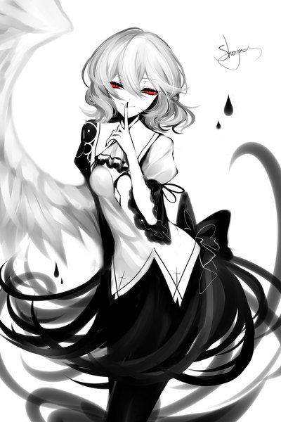 Anime picture 2200x3300 with touhou kishin sagume sheya single tall image looking at viewer fringe highres short hair simple background smile hair between eyes red eyes white background signed white hair nail polish finger to mouth monochrome spot color