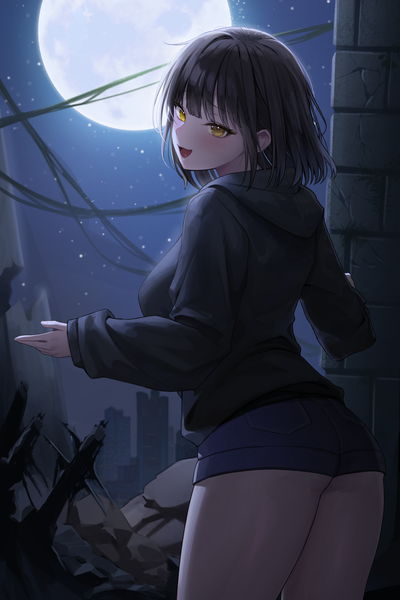 Anime picture 3200x4800 with original lethe (lethe187) single tall image looking at viewer blush fringe highres breasts open mouth light erotic black hair standing yellow eyes absurdres outdoors ass blunt bangs long sleeves :d