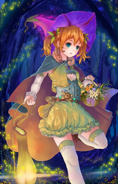 Anime picture 1200x1868 with original fangxiang cuoluan single tall image blush short hair open mouth blue eyes orange hair girl thighhighs dress flower (flowers) plant (plants) hat detached sleeves animal white thighhighs tree (trees) basket