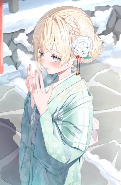 Anime picture 2674x4096 with virtual youtuber hololive kazama iroha rin (rin illust 0805) single tall image blush fringe highres short hair open mouth blue eyes blonde hair standing looking away braid (braids) traditional clothes japanese clothes hair flower from above