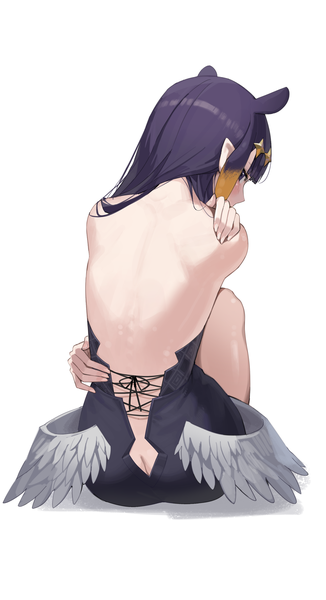 Anime picture 2020x3720 with virtual youtuber hololive hololive english ninomae ina'nis ninomae ina'nis (1st costume) maenoo single long hair tall image highres light erotic black hair simple background white background sitting animal ears pointy ears from behind back bare back
