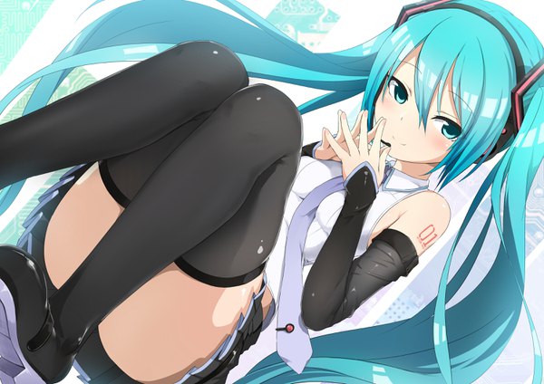Anime picture 3000x2120 with vocaloid hatsune miku abmayo single long hair blush fringe highres light erotic smile hair between eyes twintails bent knee (knees) pleated skirt aqua eyes aqua hair convenient censoring girl skirt miniskirt