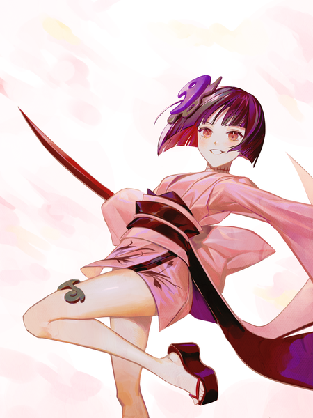 Anime picture 3000x4000 with forever 7th capital arashi (forever 7th capital) migumi single tall image highres short hair smile red eyes purple hair traditional clothes japanese clothes bare legs grin otoko no ko boy hair ornament obi zori short yukata