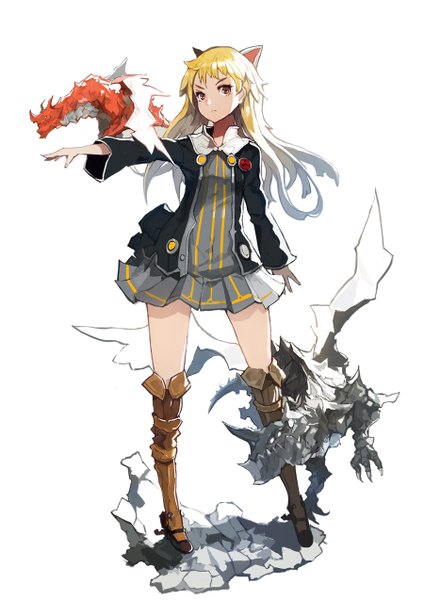 Anime picture 900x1273 with original alchemaniac single long hair tall image looking at viewer blonde hair standing white background brown eyes animal ears wide sleeves shadow fantasy girl dress jacket short dress knee boots dragon