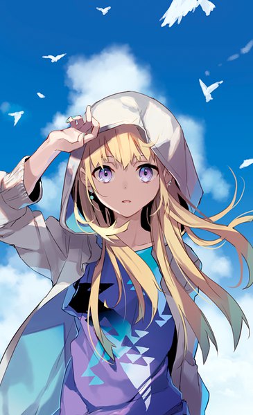 Anime picture 530x870 with original eihi single long hair tall image looking at viewer fringe blonde hair hair between eyes standing purple eyes sky cloud (clouds) upper body outdoors parted lips arm up wind open clothes piercing