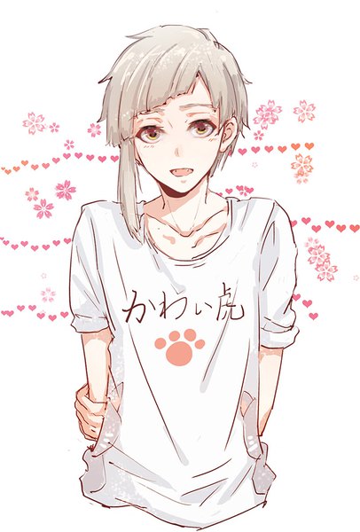 Anime picture 670x990 with bungou stray dogs studio bones nakajima atsushi kitsune (pixiv5601263) single tall image looking at viewer short hair open mouth white background yellow eyes silver hair upper body floral background holding arm boy heart t-shirt flower (symbol)