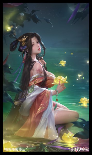 Anime picture 2616x4414 with daily interior room tagme (character) yiqian zhang single tall image looking at viewer highres breasts light erotic black hair large breasts sitting holding signed outdoors very long hair traditional clothes realistic off shoulder night
